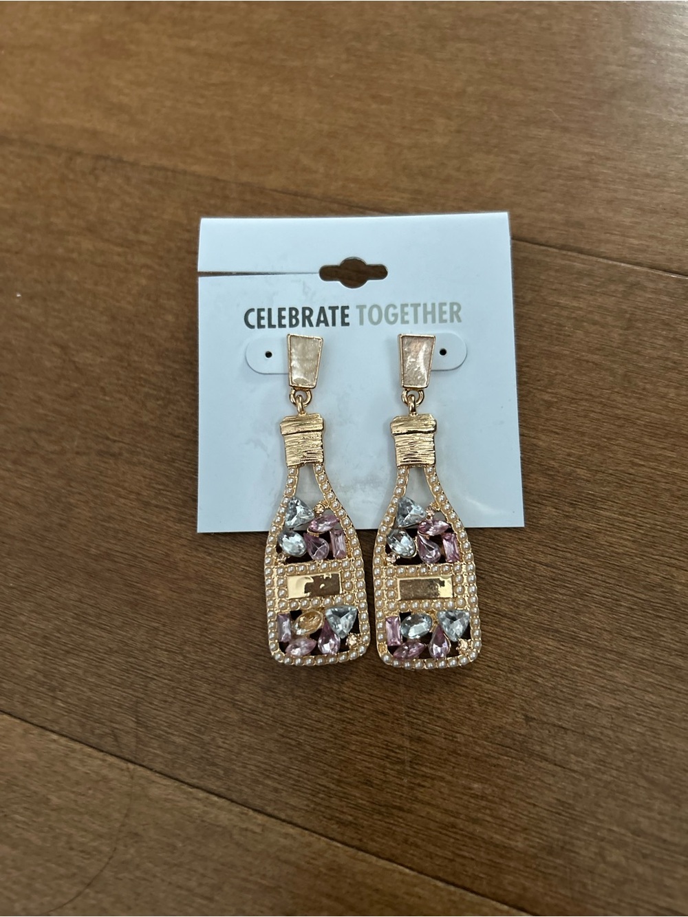 Celebrate Together Gold Bottle Drop Earrings with Pink and Clear Stones